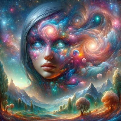The primary subject of the image is a woman with a unique and artistic appearance. She has a blue head and is surrounded by a vibrant and colorful background. The setting includes a field and a mountain, creating a picturesque and serene environment. The visual style of the image is digital art, showcasing the creativity and imagination of the artist. The colors and mood of the image are lively and uplifting, with a sense of wonder and exploration.